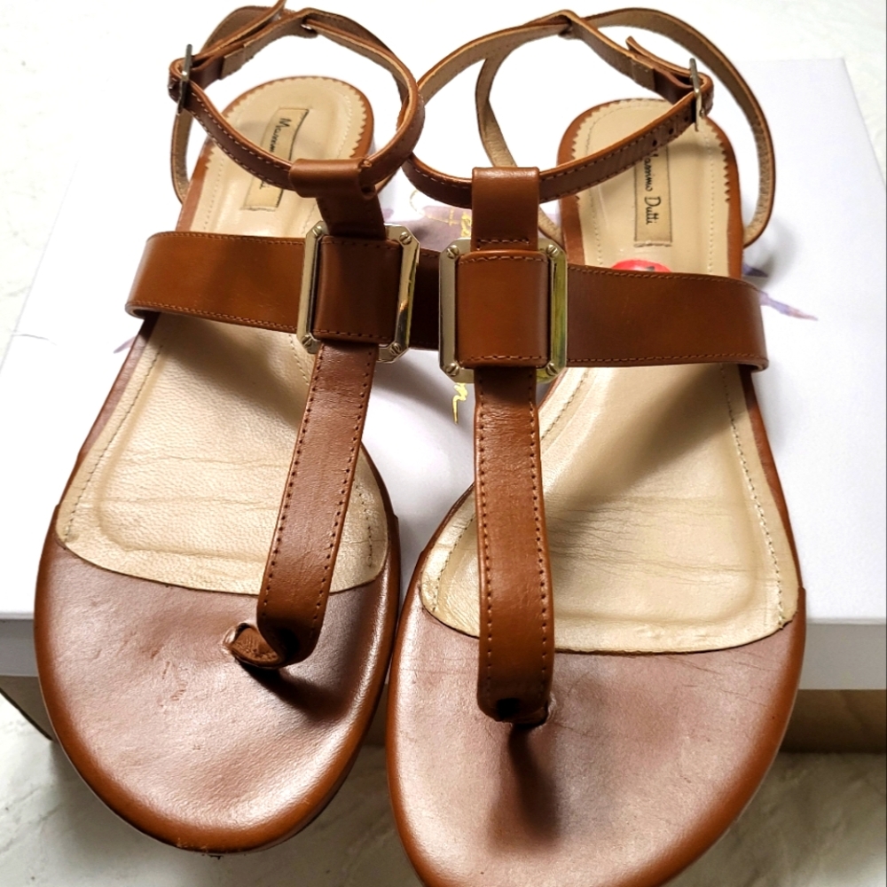 Massimo Dutti Brown Leather T-Strap Sandals